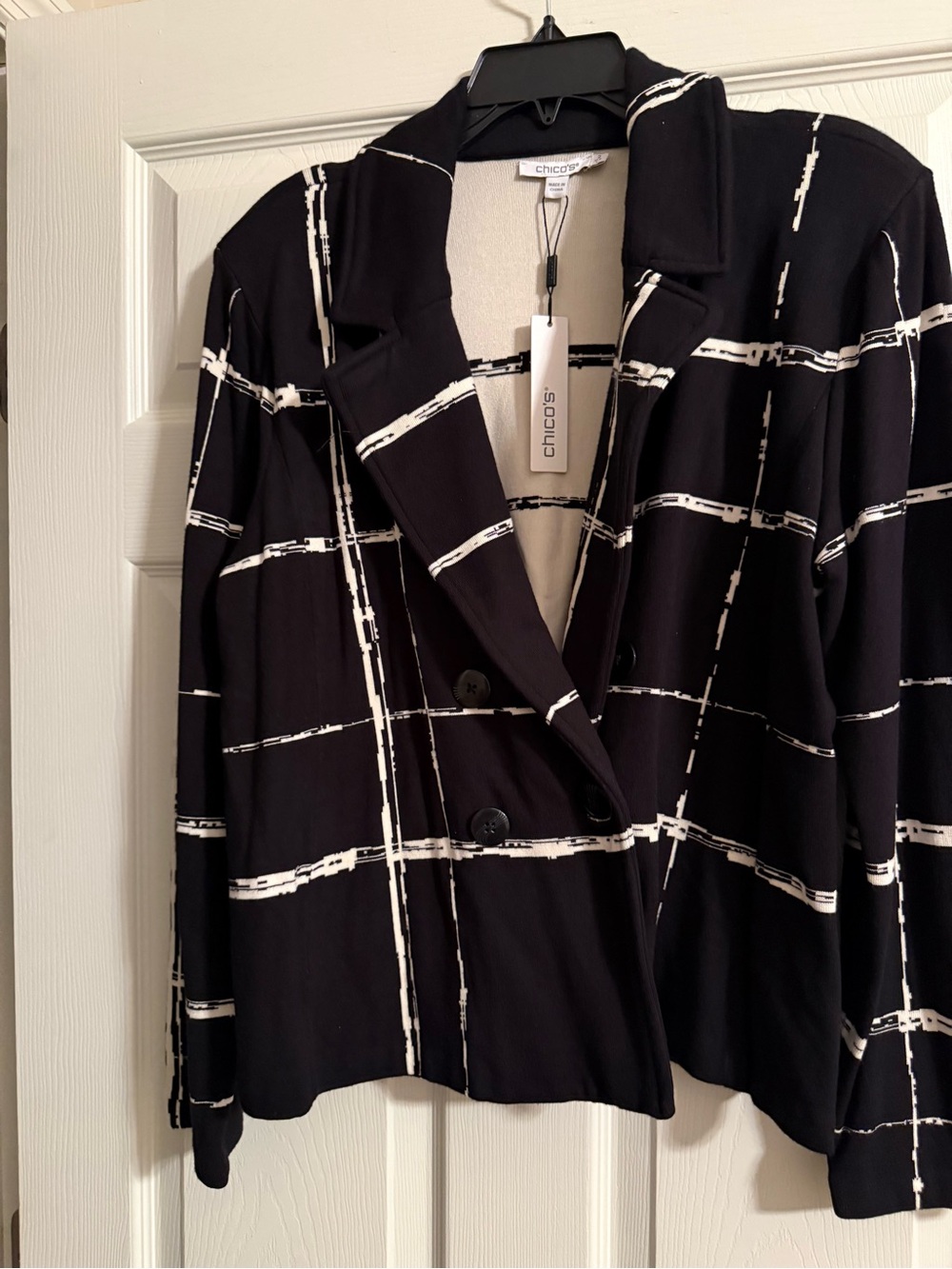 Chico's Black & White Windowpane Double-Breasted Sweater Jacket
